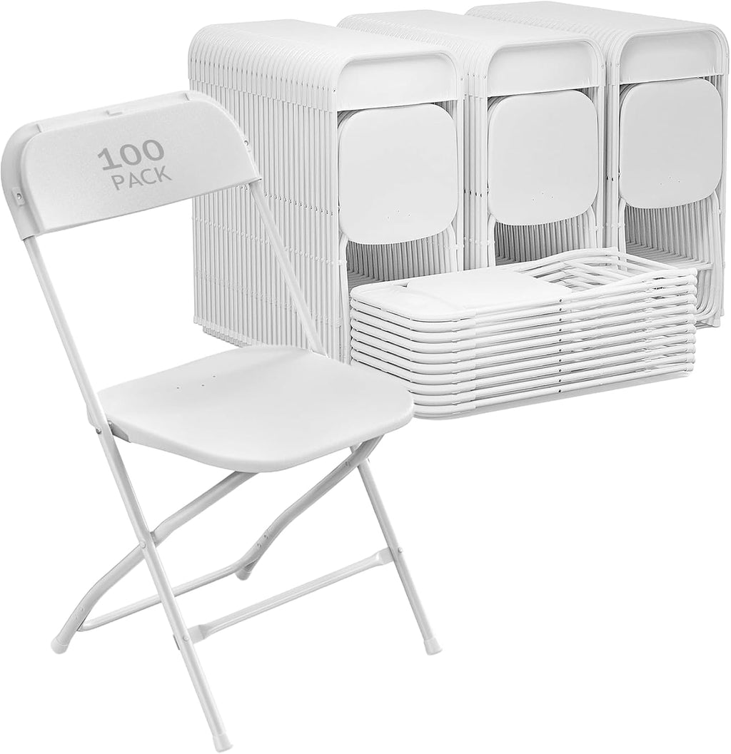 100 Pack White Plastic Folding Chairs,Steel Frame,350lb | HDPE plastic and steel frames;foldable,stackable chairs for indoor and outdoor weddings,parties,offices and events.