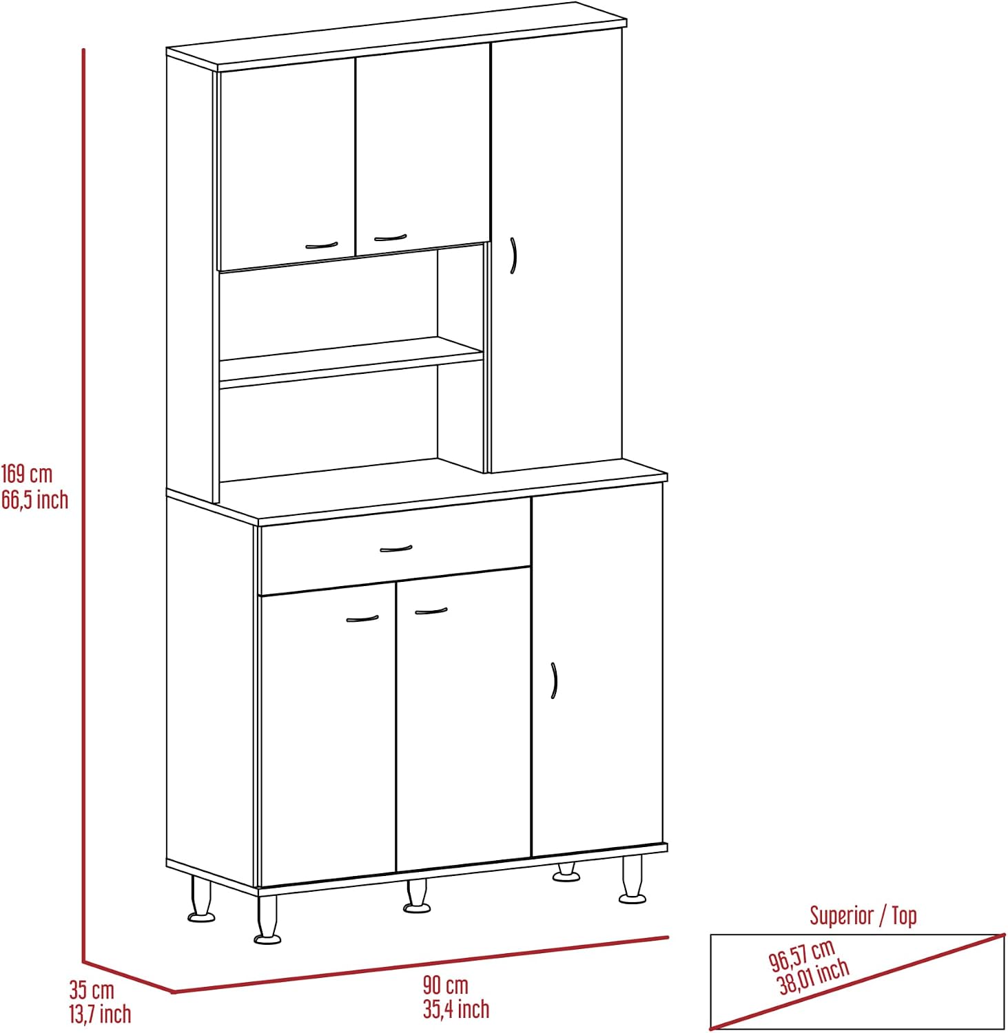 Della 90 Kitchen Pantry, One Drawer, Multiple Cabinets, Two Open Shelvess -White