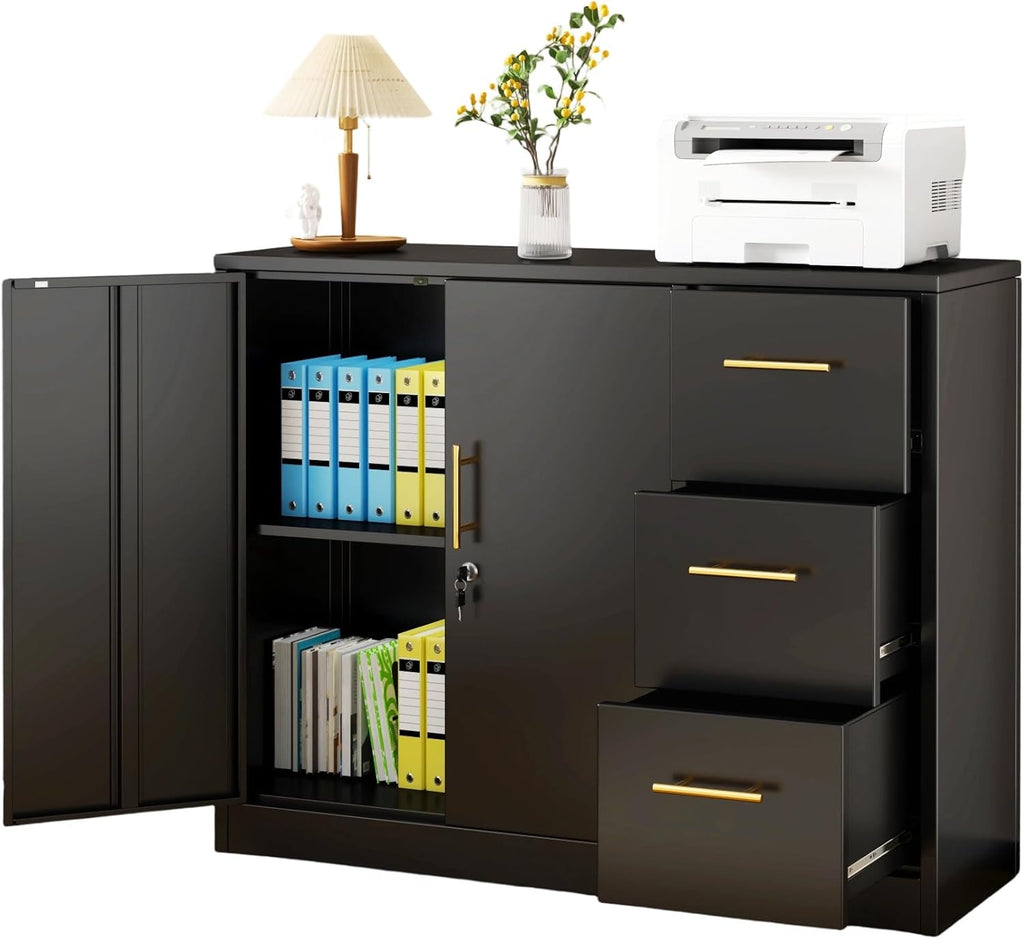 Tokawa Large Metal Office Storage Cabinet with 3 Drawers & 2 Doors, 46.46" Wide Credenza with Gold Handles, Stationary Sideboard & Printer Stand for Home Office, Black 1