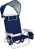 Romswi Extra Wide Beach Chair with Canopy Shade, 1 Pack Aluminum Folding Chairs with Detachable & Adjustable Umbrella, 5-Position Lay Flat, Cooler Bag, Cup & Phone Holder, Towel Bar, Navy Blue
