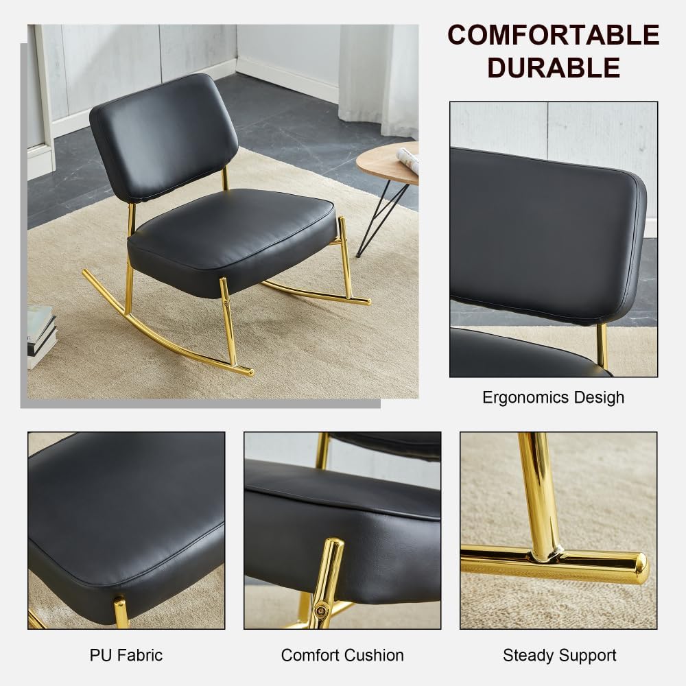 Modern Rocking Chair with PU Cushioned Seat, Black Backrest, Gold Metal Legs for Living Room, Bedroom, Office (Black + PU)
