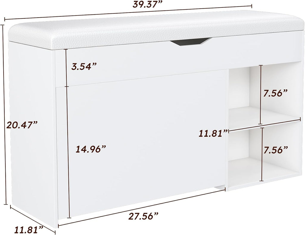 White Shoe Storage Bench, 3-Tier FlipUp Entryway Bench, 39.7 x 11.8X 20.47 Wooden Entry Way Shoe Cabinet, Hold up to 300 lb (A)