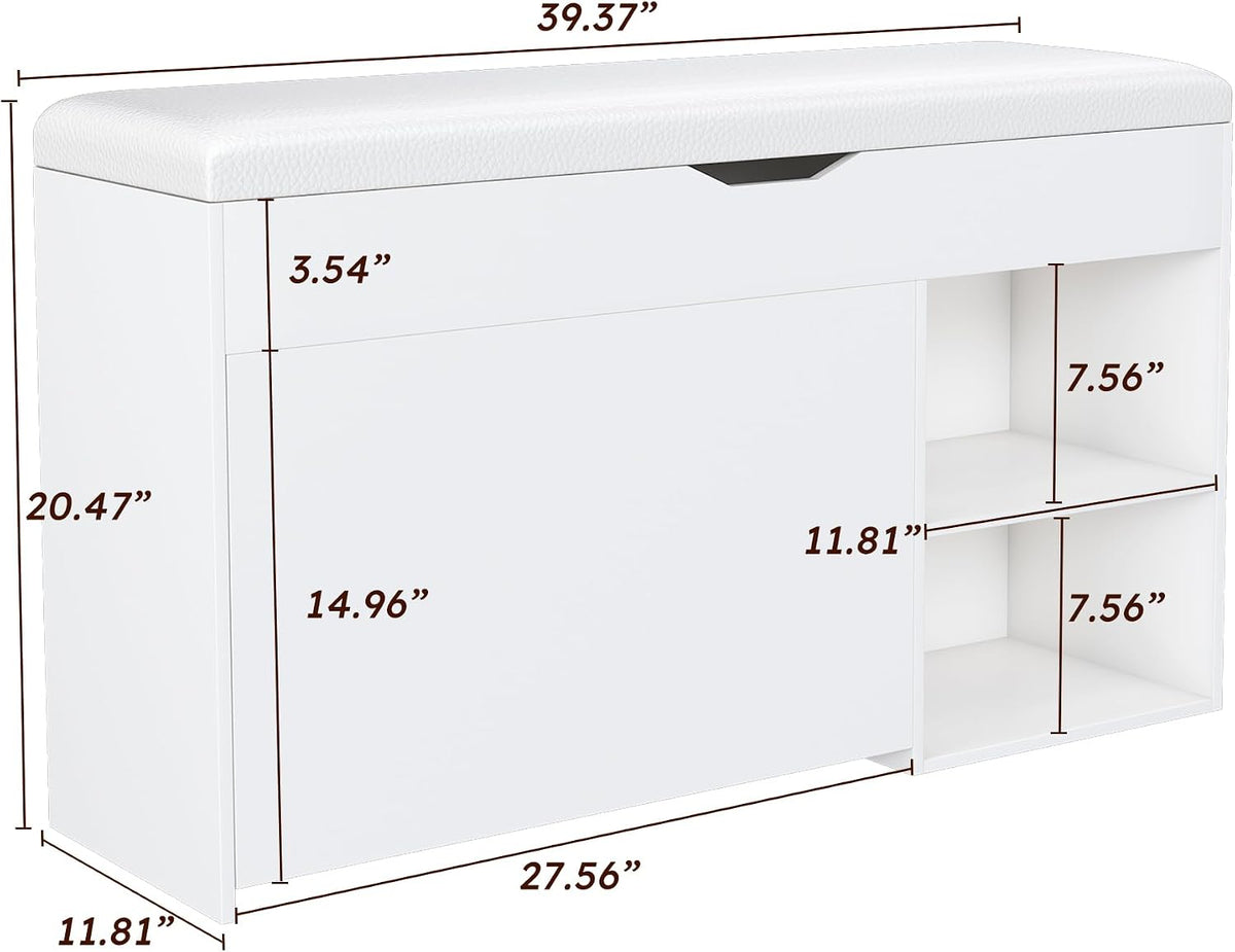 White Shoe Storage Bench, 3-Tier FlipUp Entryway Bench, 39.7 x 11.8X 20.47 Wooden Entry Way Shoe Cabinet, Hold up to 300 lb (A)