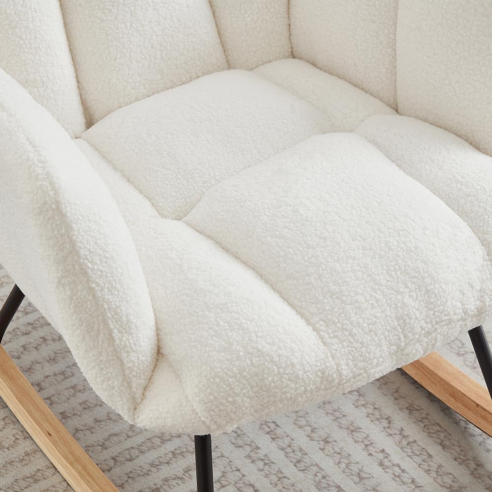 Glider Chair for Living Room Tufted Upholstered Teddy Fabric Rocking Chair with Metal Frame Accent Chair (Ivory)