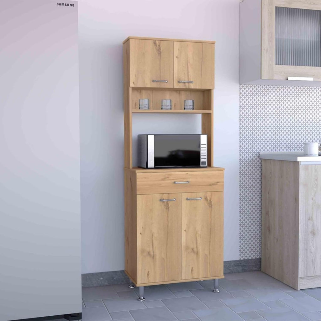 60" Freestanding Kitchen Panty Solid Wood Food Pantries with Storage Shelf & Open Countertop, Tall Buffet Cabinet Kitchenware Server with Microwave Stand & Silver Metal Handles (Beige)