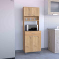 60" Freestanding Kitchen Panty Solid Wood Food Pantries with Storage Shelf & Open Countertop, Tall Buffet Cabinet Kitchenware Server with Microwave Stand & Silver Metal Handles (Beige)