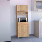 60" Freestanding Kitchen Panty Solid Wood Food Pantries with Storage Shelf & Open Countertop, Tall Buffet Cabinet Kitchenware Server with Microwave Stand & Silver Metal Handles (Beige)