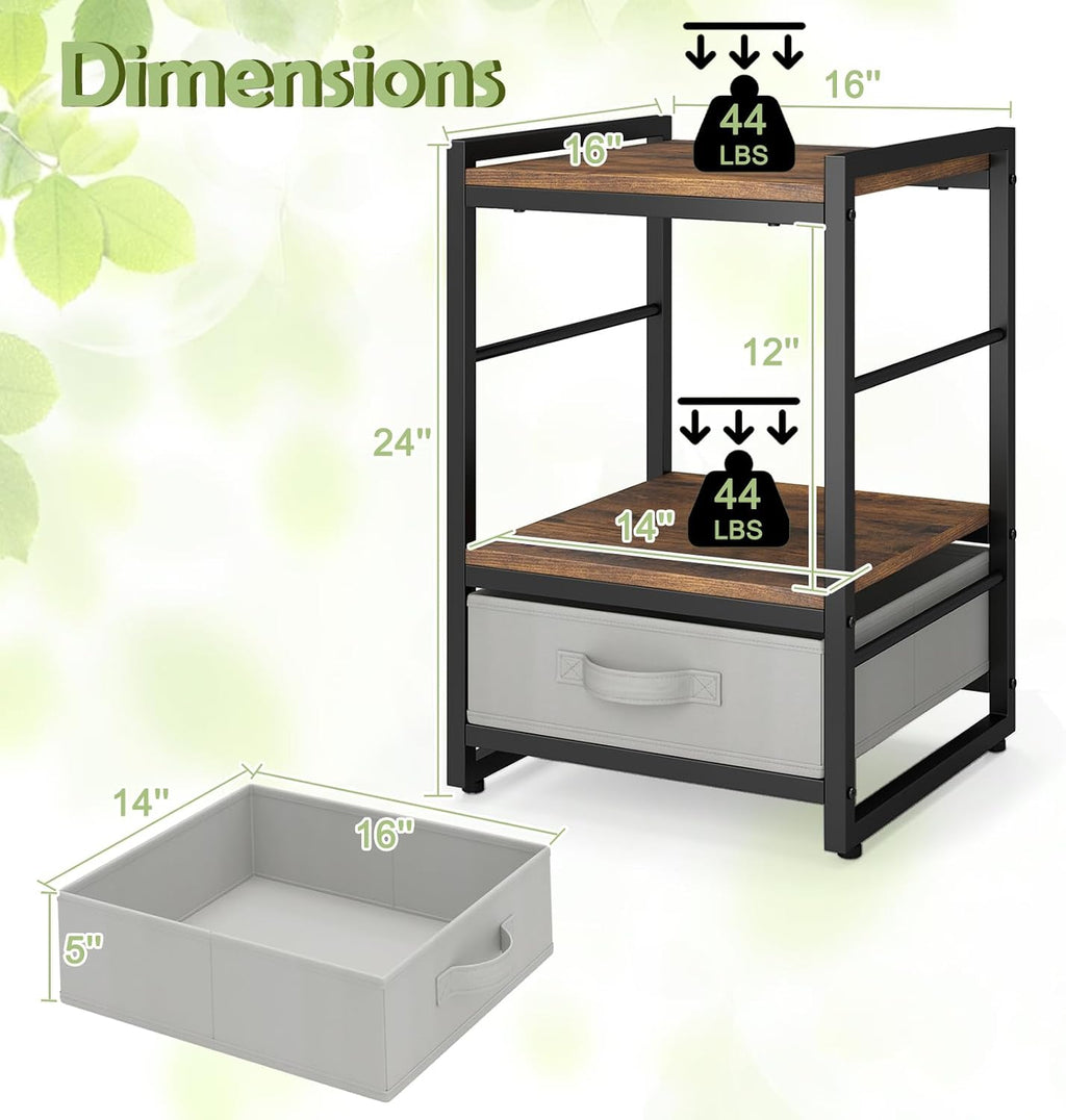 Giantex Industrial Nightstand with Storage Drawer, Rustic Bedside Table with Metal Frame & Open Shelf, 16 Inch Small Side End Table for Bedroom, Living Room, or Apartment, Rustic Brown