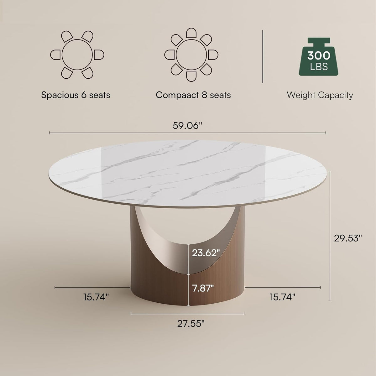 POVISON 59" Round Dining Table for 6, Glossy White Sintered Stone Tabletop | Sintered Stone Dining Tabletop, Carbon Steel Base, Mid Century Kitchen Table for Dining Room, Luxury Dining Table（Table only）