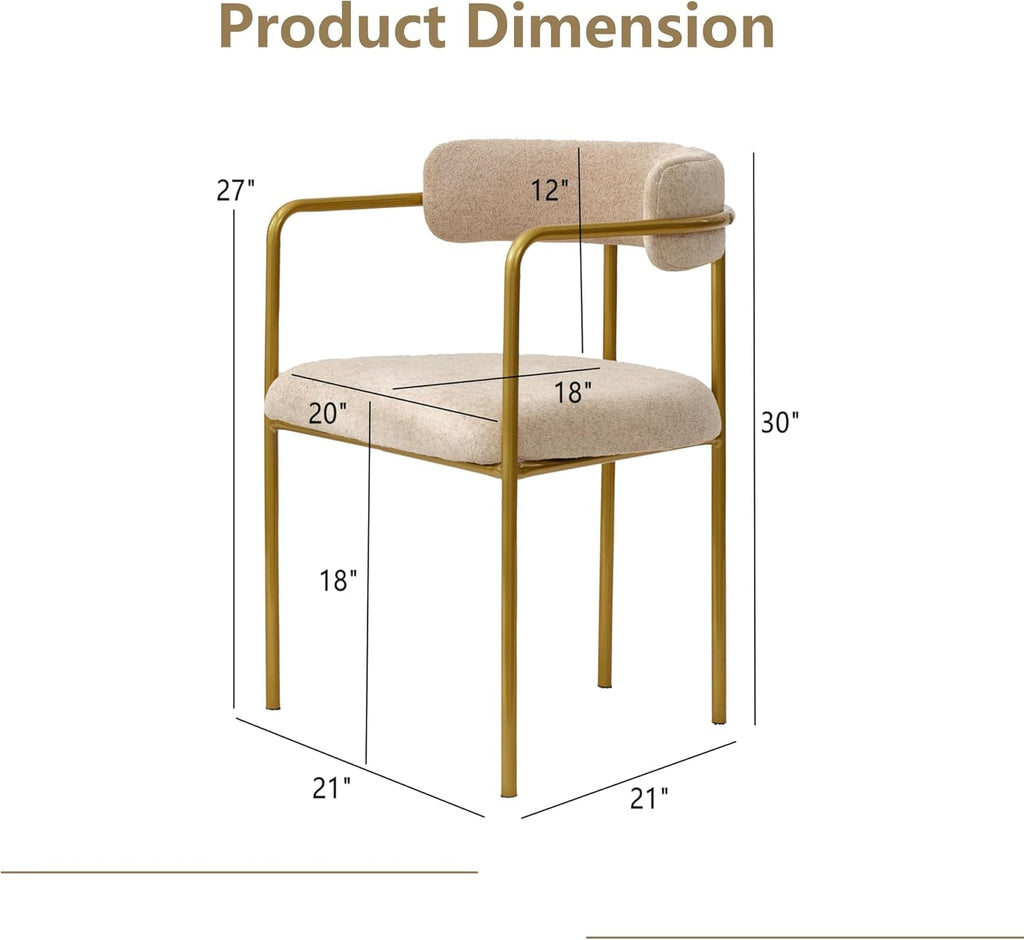 Boucle Dining Chairs Set of 4 with Arms, Mid Century Modern Upholstered Dining Chairs for Kitchen & Dining Room, Curved Backrest, Gold Metal Frame (Taupe/Sand)
