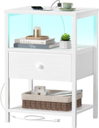 BOLUO White Nightstand with Charging Station, LED Night Stand with Fabric Drawers and Shelf, Bedside Table with USB Ports and Outlets, Bedroom Nightstand Modern