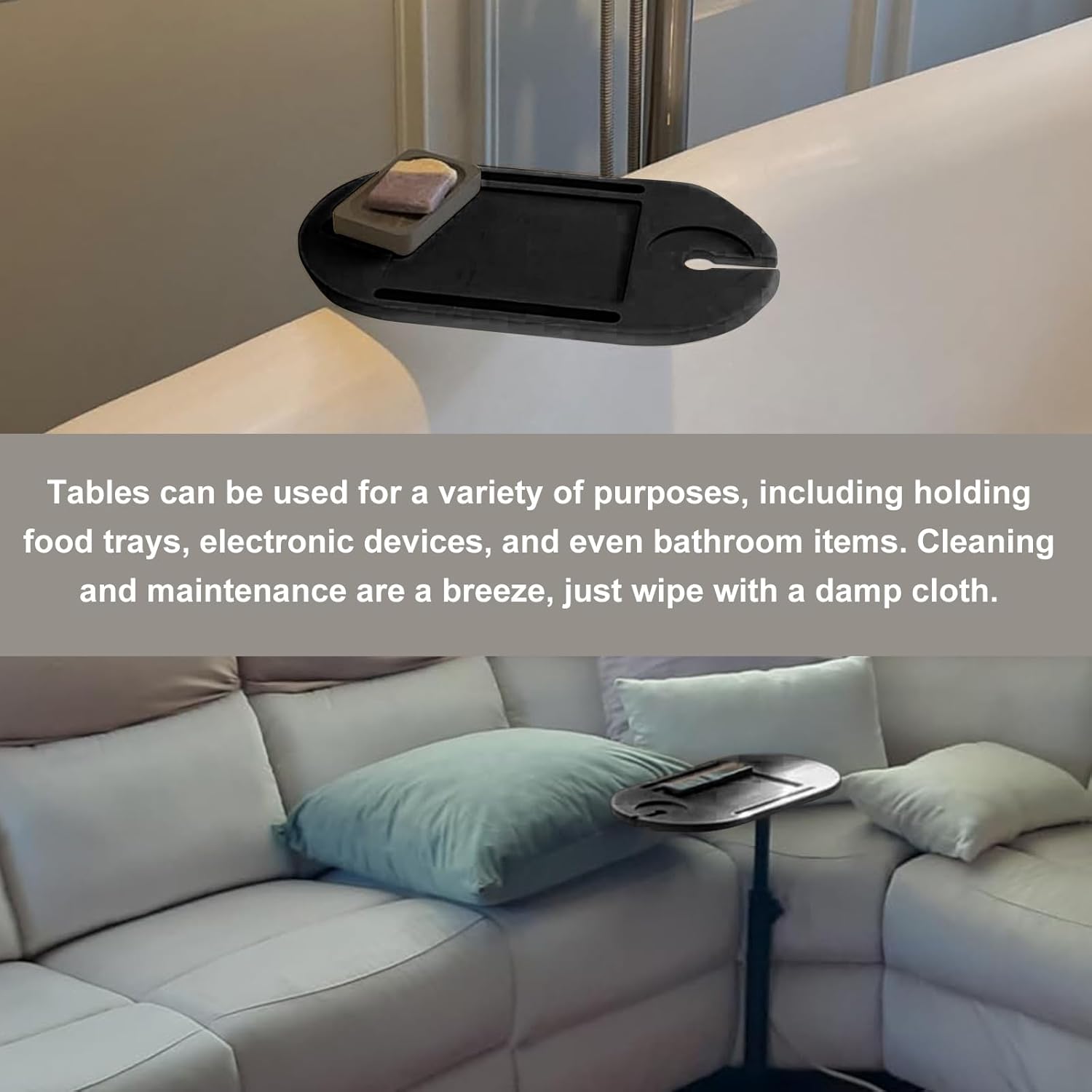 Adjustable TV Tray Table Side Table Tray for Small Spaces, Sofa Arms Bamboo Height Adjustable Bed or Chair, Living Room, Bedroom TV Tray Table with Phone and Tablet Slots(Black)
