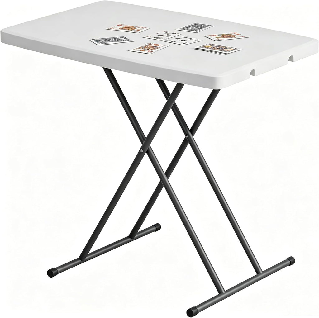 30-Inch Adjustable-Height Folding Table, White HDPE Utility Table for Small Spaces, No Assembly Required – Ideal for Laptop Use, On the Couch, Camping, the Office, and Home Use