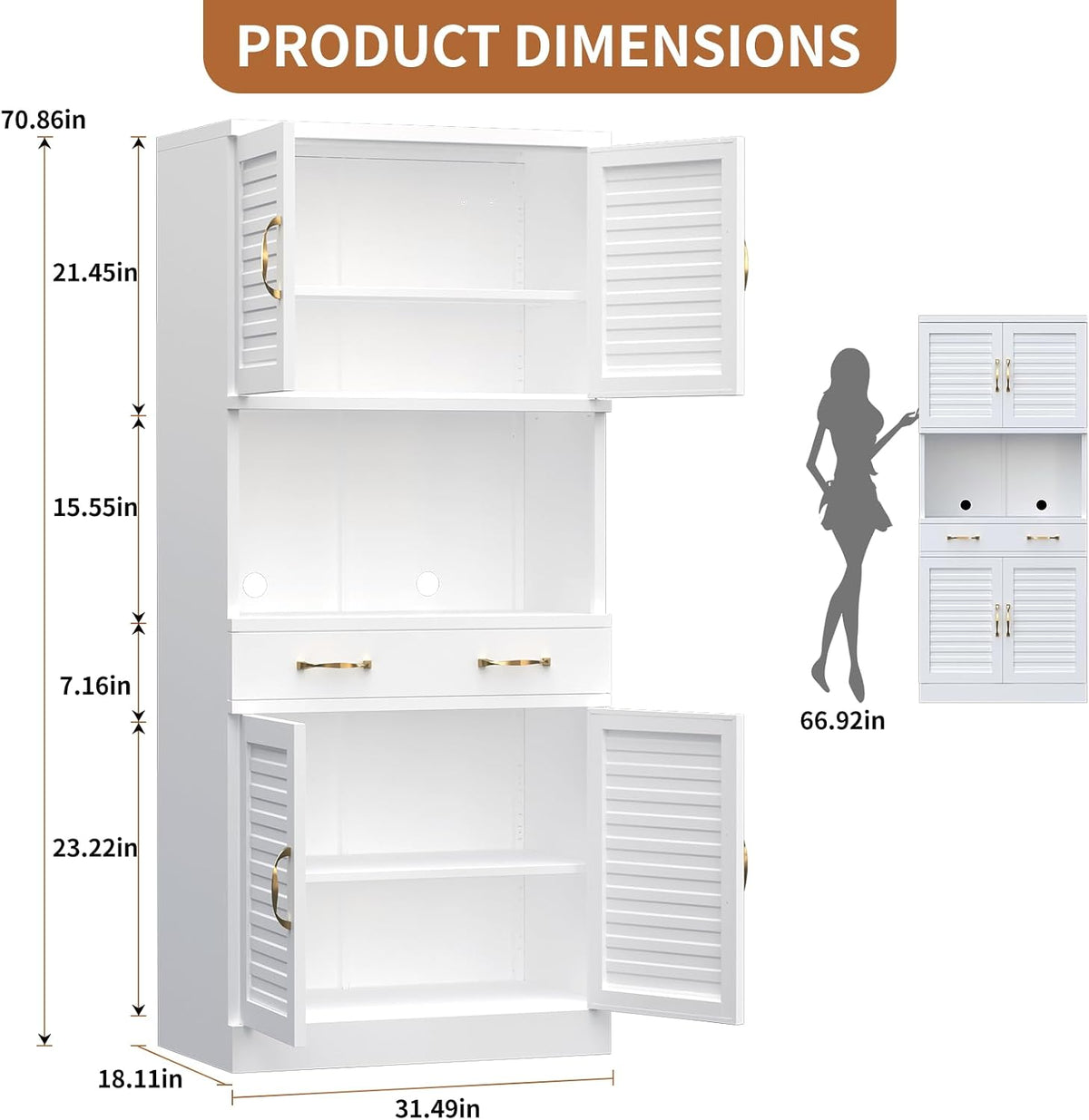 Tall Metal Pantry Cabinet with countertop & Drawer | Elegant Louvered Door Design with Modern Appeal,120 lb Adjustable Shelves with Steel Durability