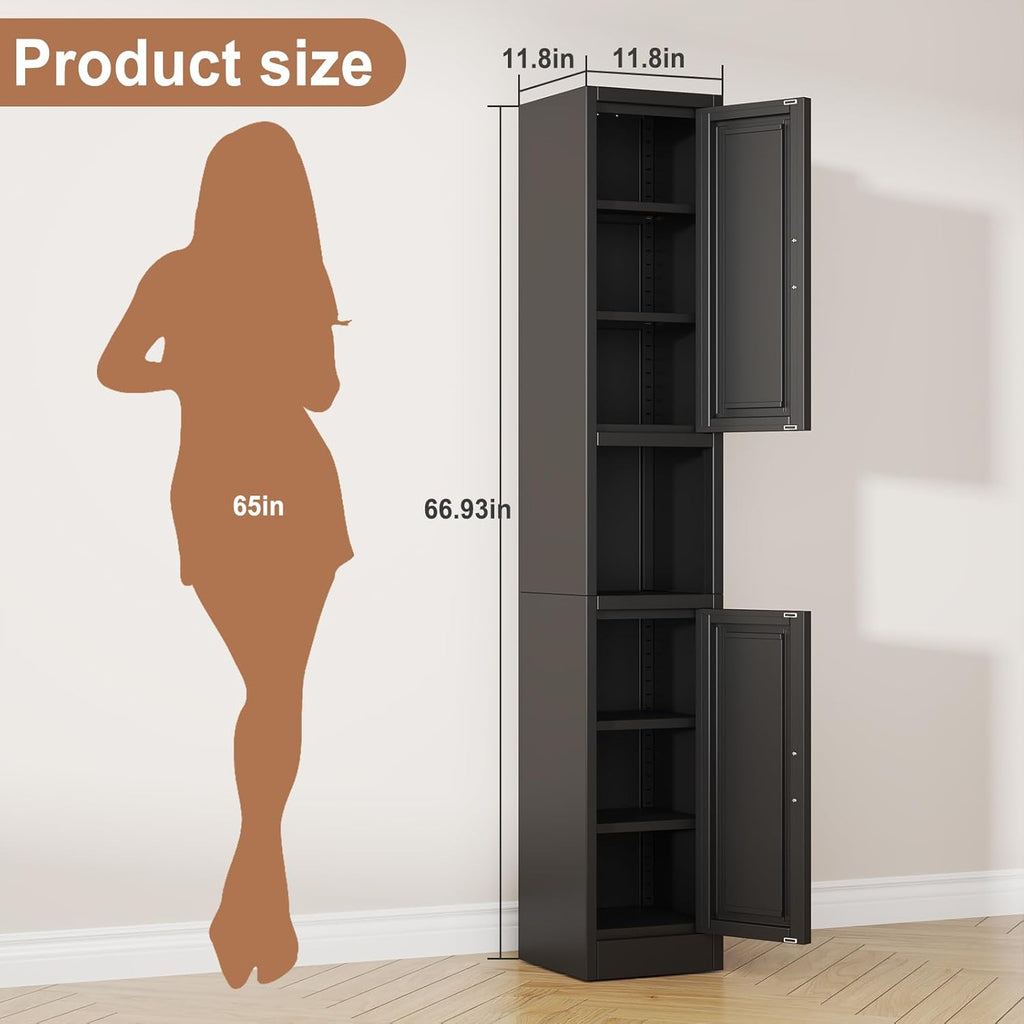 Tokawa 67" Tall Narrow Pantry Cabinet, 12 Inch Wide Kitchen Metal Storage Cabinets with Breathable Mesh Doors, Slim Bathroom Storage Cabinet with 4 Adjustable Shelves,Black