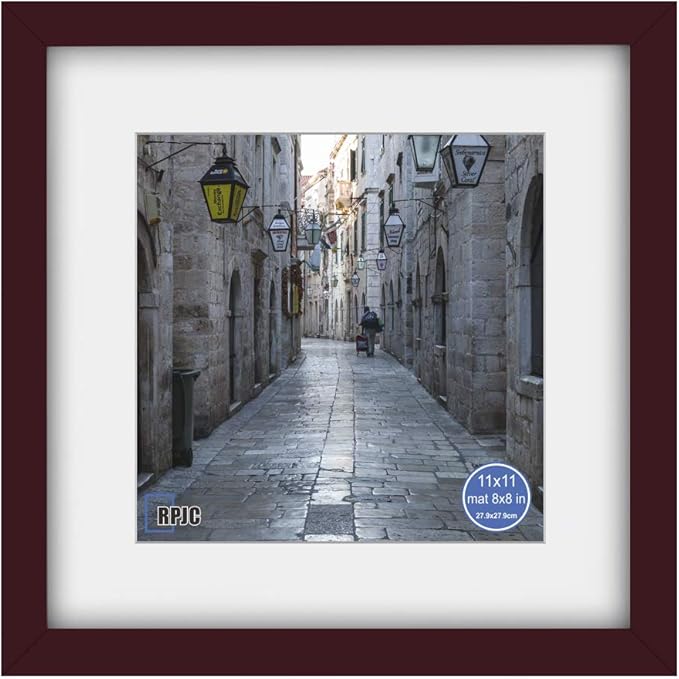 RPJC 11x11 inch Picture Frame Made of Solid Wood and High Definition Glass Display Picture 8x8 with Mat or 11x11 Without Mat for Wall Mounting Photo Frames Dark Brown