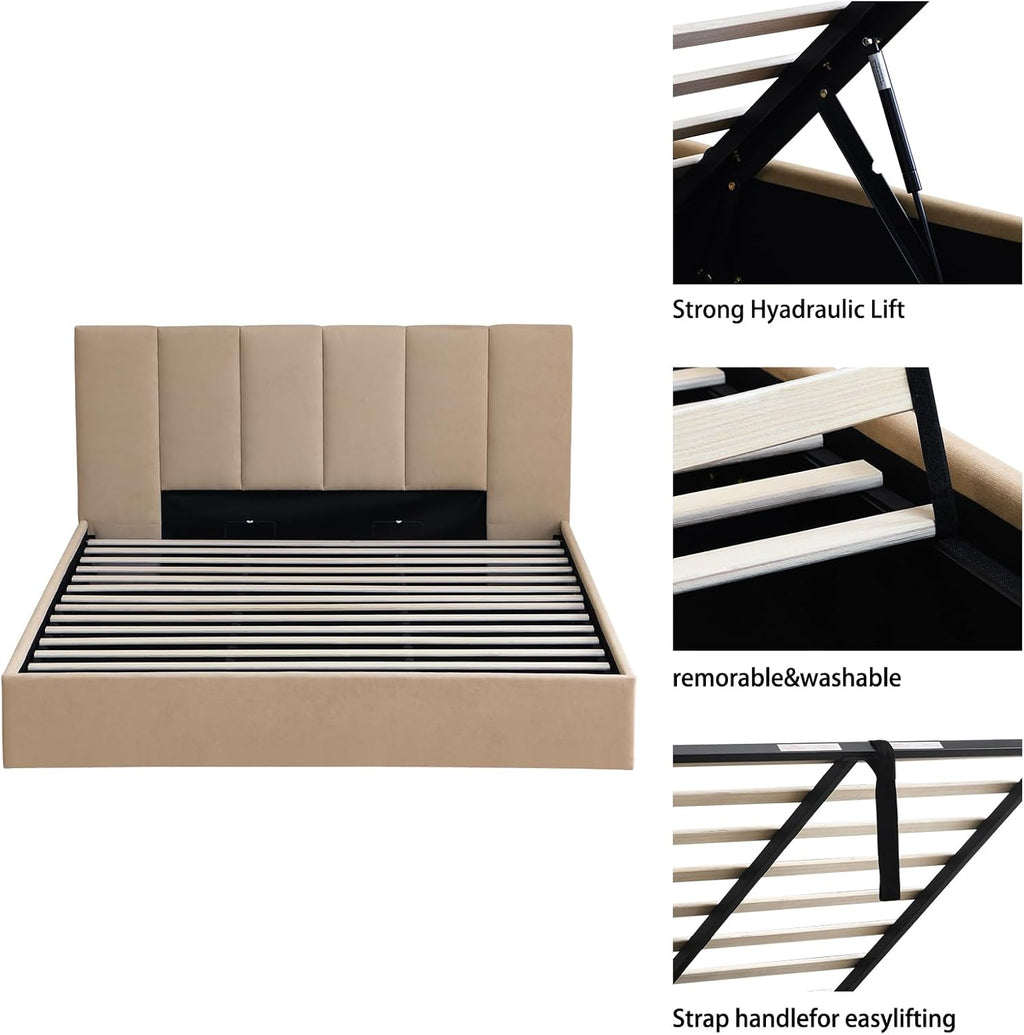 VELOCAVA King Size Upholstered Lift-Up Storage Bed, Beige Linen-Look Fabric Bed Frame with Vertical Panel Headboard, Hydraulic Lift Storage, Wooden Slat Support, No Box Spring Needed