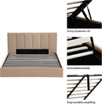 VELOCAVA King Size Upholstered Lift-Up Storage Bed, Beige Linen-Look Fabric Bed Frame with Vertical Panel Headboard, Hydraulic Lift Storage, Wooden Slat Support, No Box Spring Needed