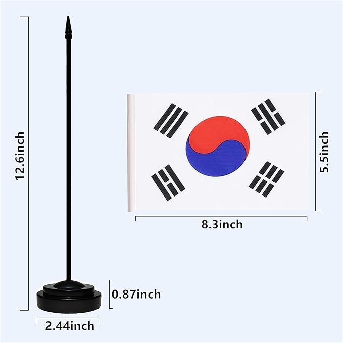 South Korea Korean Deluxe Desk Flag Set Small Mini Miniature South Korea Korean Table Desktop Flags With Solid Pole, Black Base and Spear Top(2 Pack)