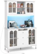 LOKO 73'' Kitchen Pantry Storage Cabinet, Freestanding Buffet Cabinet with LED Lights & Power Outlets, Kitchen Hutch with Microwave Stand, Adjustable Shelves, Doors and Drawers, for Dining Room, White