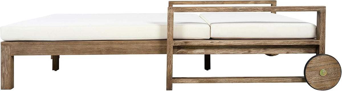 Merax Acacia Wood Outdoor Daybed Sofa, Farmhouse Patio Sun Lounger with Adjustable Backrest, High-Density Cushions & Removable Wheels, Weather Resistant for Garden, Poolside, Backyard, Beige