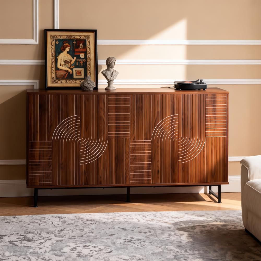 Saiveina Mid-Century Modern Walnut Sideboard Buffet Cabinet, 59 * 16 * 33 Inches Geometric Carved Storage Cabinet with Metal Legs, Multi-Purpose Credenza for Living Room, Dining Room, Entryway