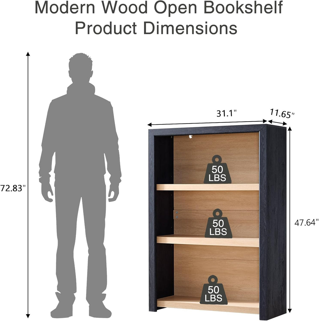 Book Shelf, 3-Tier Bookshelf with Adjustable Shelves,Free Standing Modern 48'' Tall Bookcase with Open Display Storage,Floor Vintage Bookshelves for Living,Office (2, Gray Black / Natural, 3-Tier)