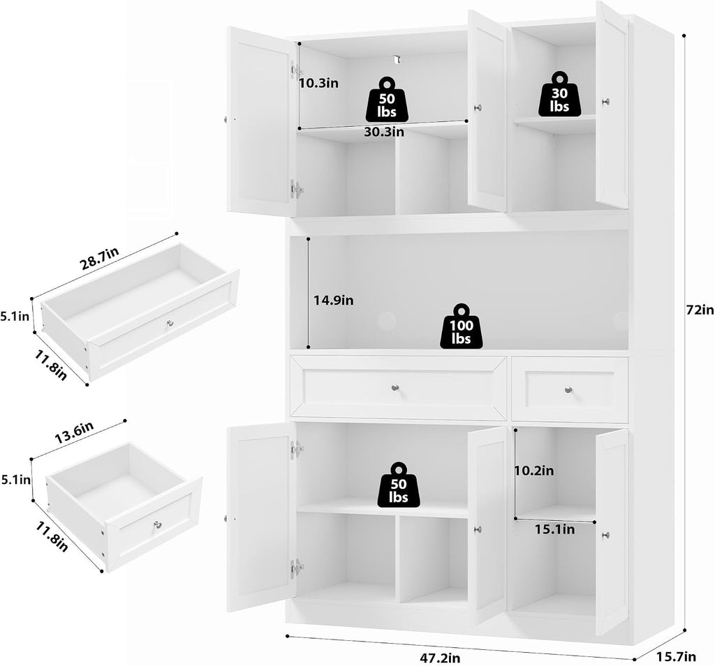 BOTLOG 72" Kitchen Pantry Cabinet, Kitchen Hutch with Microwave Stand, Buffet Cabinet with Hutch for Dining Room, White | 2 Drawers, Large Capacity, 47.2-inch wide Countertop, Kitchen Hutch utch for Dining Room (White)