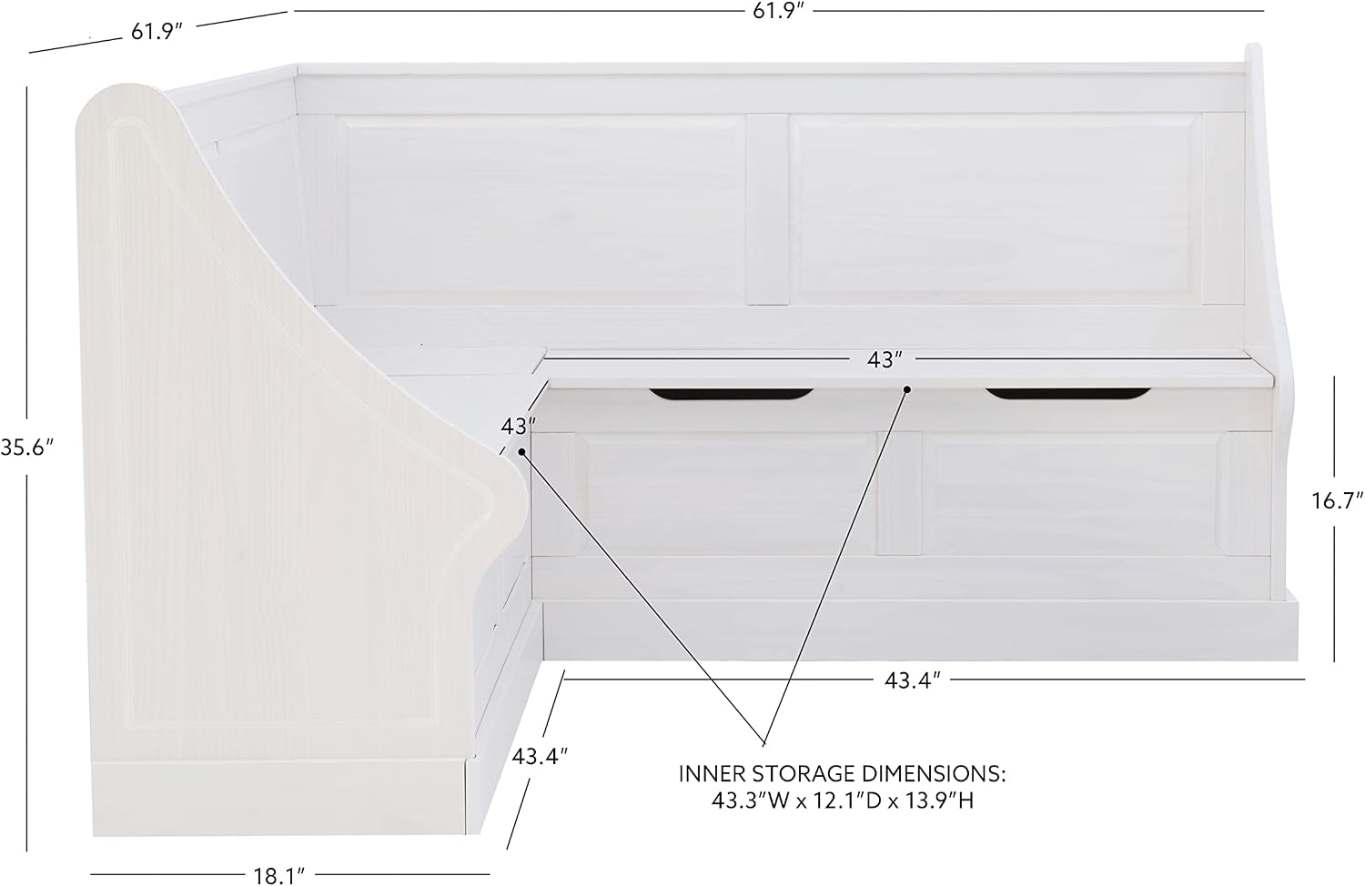 Linon Harris White Corner Breakfast Nook - Nook Only, Table is NOT included! 20.88D x 61.88W x 36.63H in