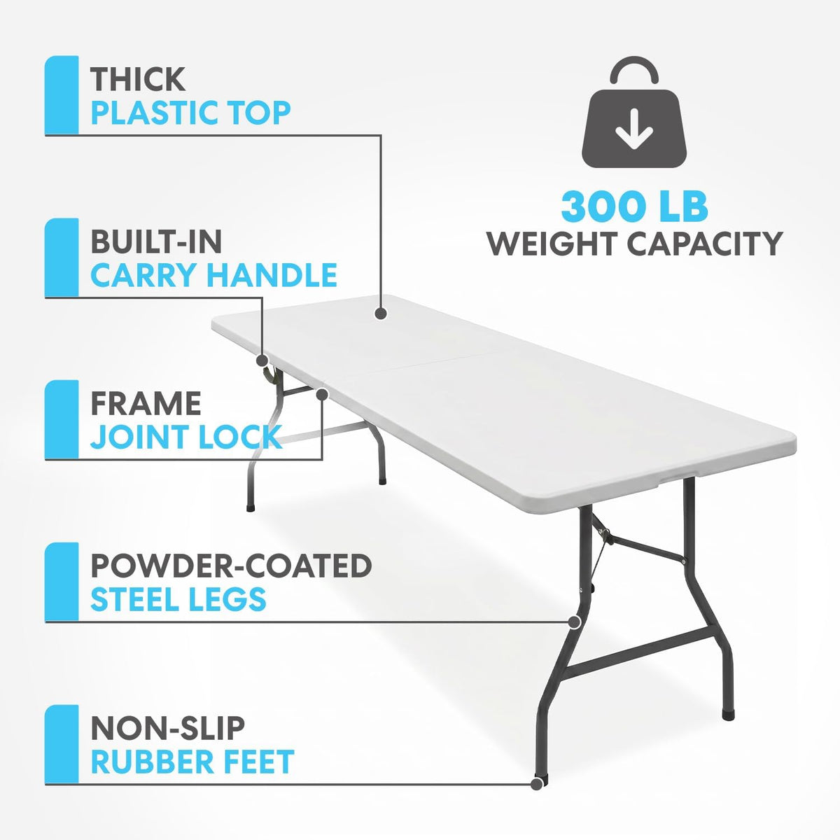 SIMPLI-Magic White Foldable Table (8FT), 2-Pack Indoor/Outdoor Folding Banquet Tables with Carry Handle for Parties, Events, and Catering