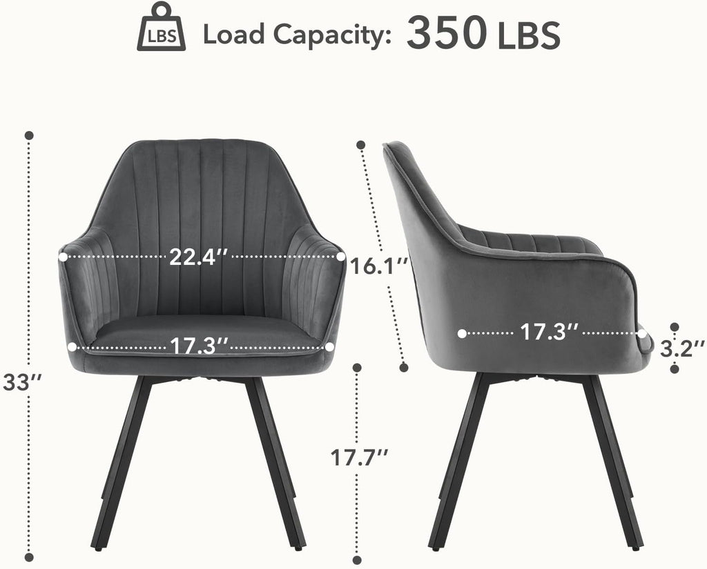 Furniliving 360° Swivel Dining Chairs Set of 2, Mid Century Modern Upholstered with Mental Frame Legs, Dining Chairs with Arms & Thickened Cushions for Kitchen, Living Room, Velvet, DrakGrey