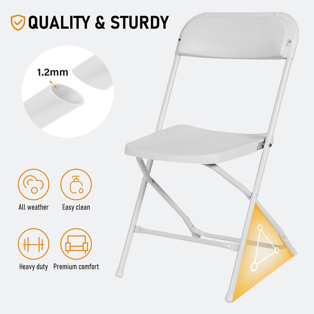 100 Pack White Plastic Folding Chairs,Steel Frame,350lb | HDPE plastic and steel frames;foldable,stackable chairs for indoor and outdoor weddings,parties,offices and events.
