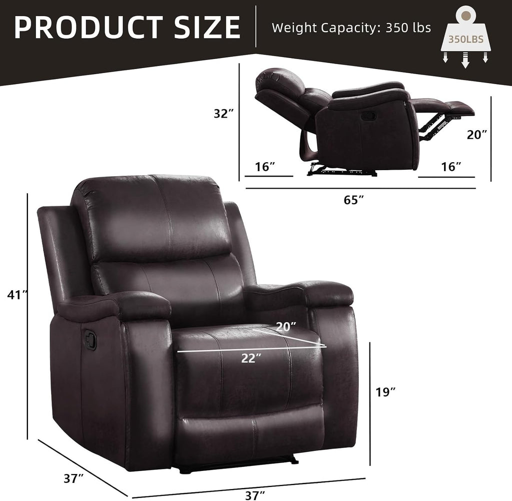 IOMOR Leather Recliner Chair, Manual Recliner Chair for Adults with Overstuffed Arms and Back, Single Sofa Recliner with Cup Holders for Living Room (1, Dark Brown)