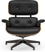 Top Black PU Leather, Mid Century Chaise Lounge Chair and Ottoman, Modern Chair Classic Design, Walnut Wood, Heavy Duty Base Support for Living Room Office
