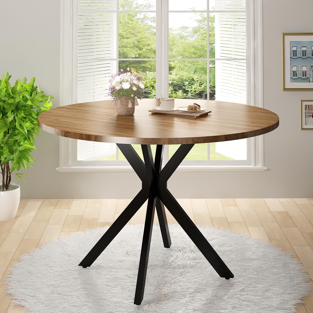 DKLGG Walnut Round Dining Table, Mid-Century Modern Round Dining Table for 4-6 Person, 39" Coffee Table with Metal Black Legs for Cafe/Bar Kitchen Dining Office, Save Space (Only Table)