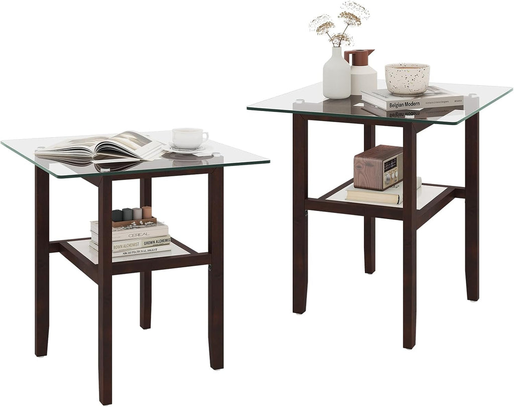 Giantex Glass End Table Set of 2, 24" Square Side Tables with Storage Shelf & Rubber Wood Frame, Small Coffee Table for Living Room, Mid Century Modern Nightstands for Bedroom