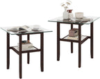 Giantex Glass End Table Set of 2, 24" Square Side Tables with Storage Shelf & Rubber Wood Frame, Small Coffee Table for Living Room, Mid Century Modern Nightstands for Bedroom