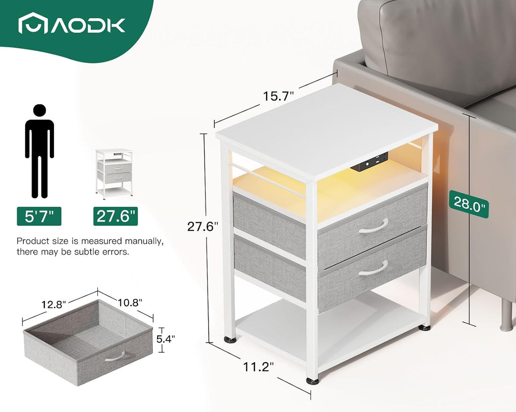 AODK 27.6" H Night Stand with Charging Station and LED Lights, Bed Side Table with 2 Drawers and Open Shelf, Bedside Table for Bedroom, Living Room, White & Light Grey