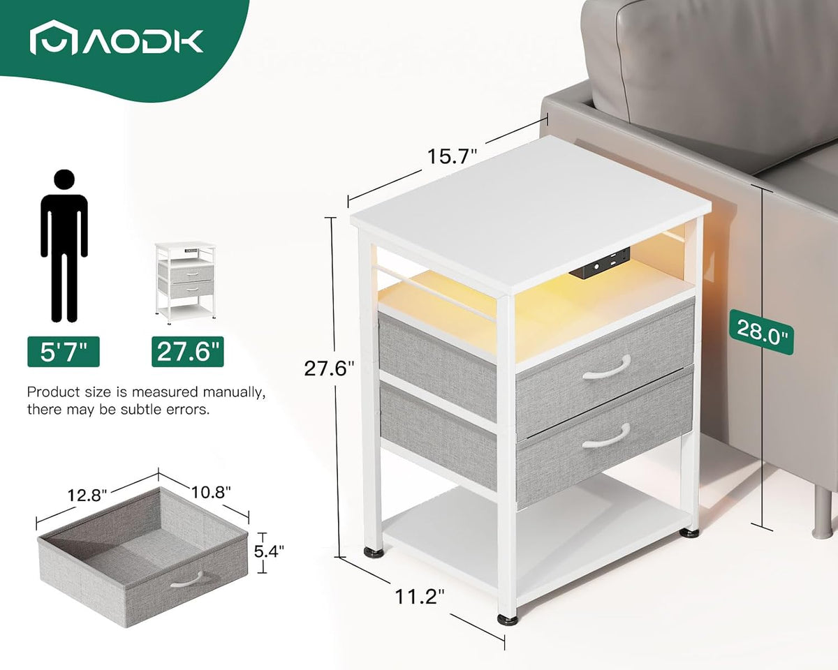 AODK 27.6" H Night Stand with Charging Station and LED Lights, Bed Side Table with 2 Drawers and Open Shelf, Bedside Table for Bedroom, Living Room, White & Light Grey