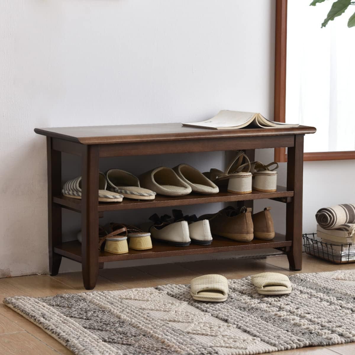 XKZG Shoe Rack Bench Wooden Shoe Storage Bench Rustic Solid Wood Entryway Bench (Brown,31.5")