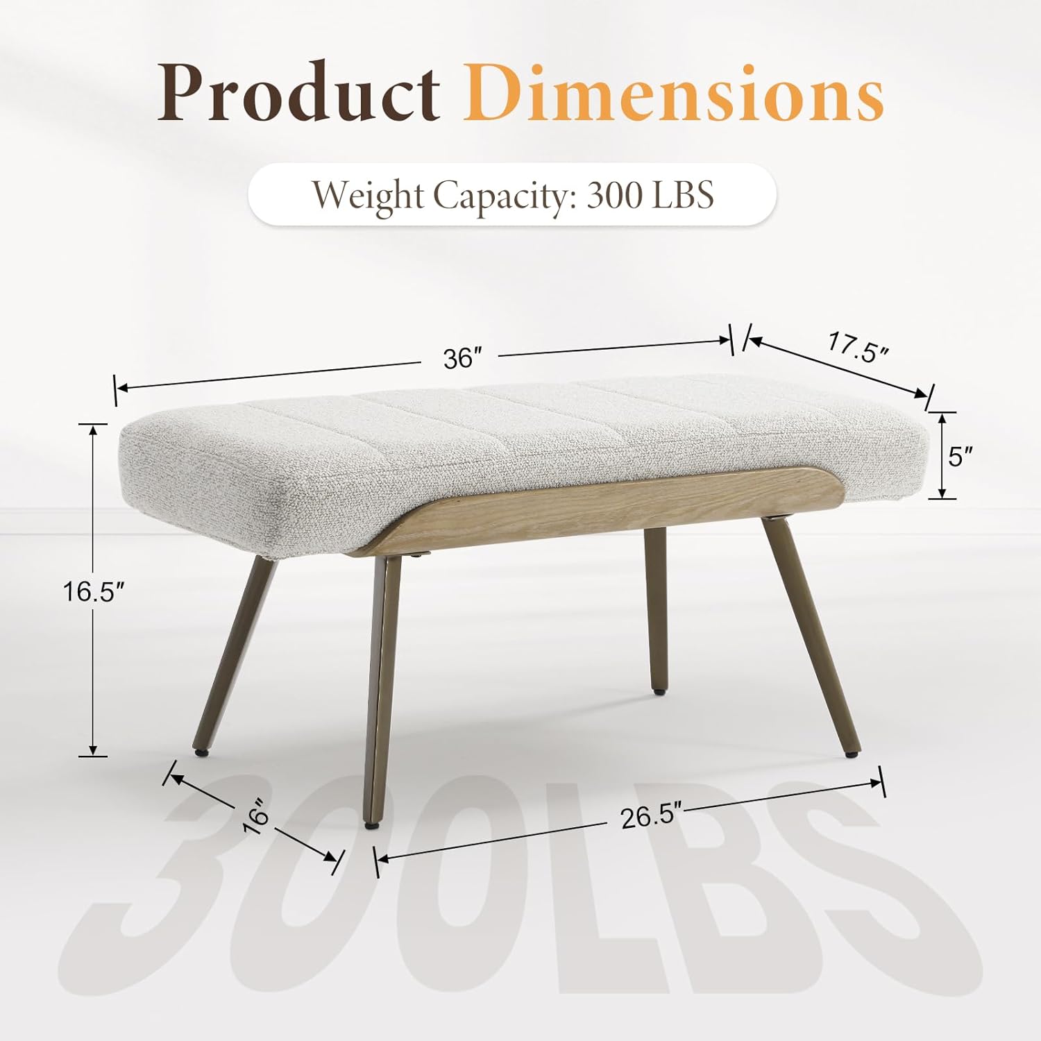 CIMOTA Mid-Century Modern Upholstered Bench, Channel Tufted Boucle Ottoman Bench with Solid Wood Trim and Bronze Metal Legs, 35.5" Accent Bench for Bedroom, Entryway, Living Room, End of Bed, Beige