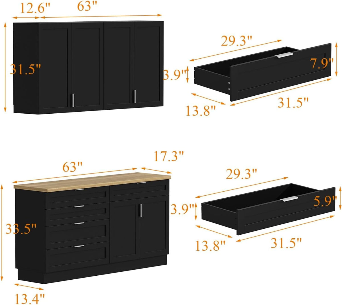 Kitchen Cabinet Set with 5 Drawers and Shelves, Wall-Mounted Pantry Cabinet Set with Doors & Countertop, for Kitchen Storage Black and Oak
