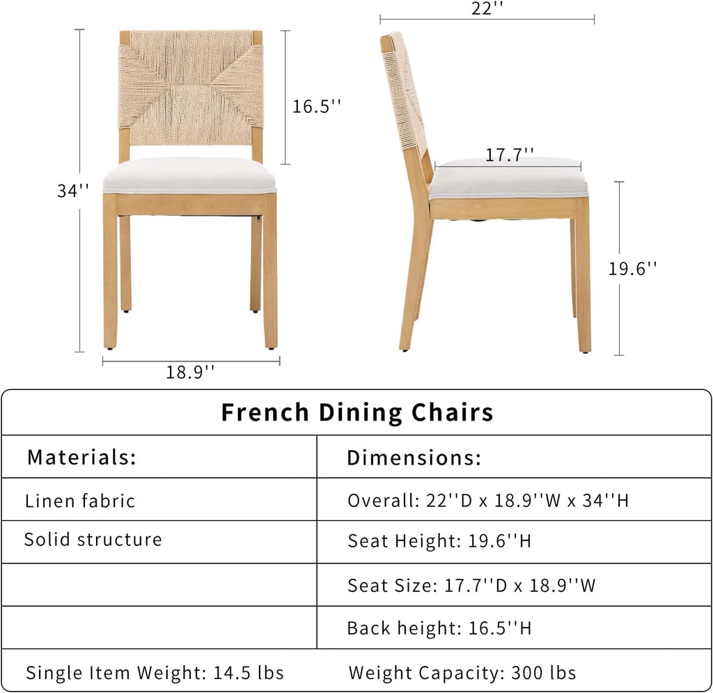 French Country Dining Chairs Set of 4, Beige Farmhouse Wood Dining Room Chairs, Woven Back Linen Upholstered Dining Chair, Solid Wood Legs, Boho Style Kitchen Chairs, Sillas de Comedor