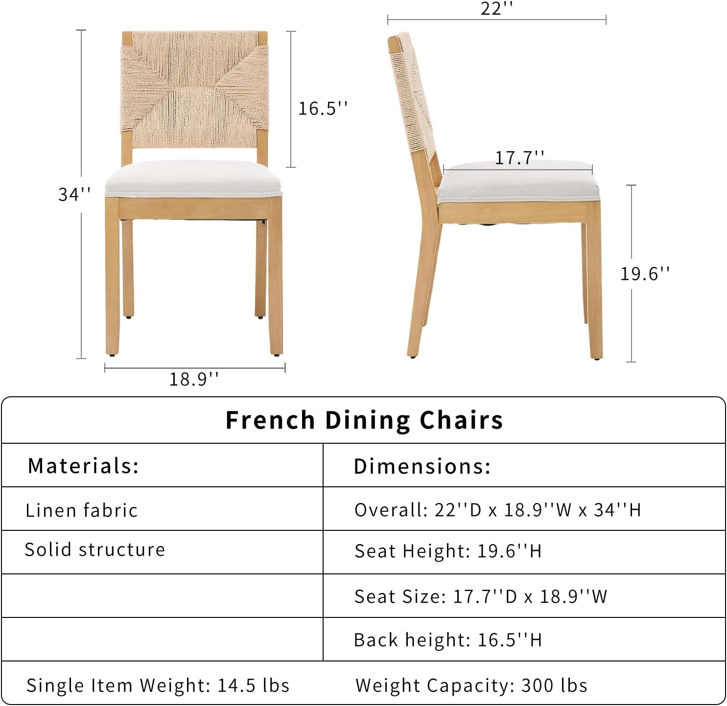 French Country Dining Chairs Set of 4, Beige Farmhouse Wood Dining Room Chairs, Woven Back Linen Upholstered Dining Chair, Solid Wood Legs, Boho Style Kitchen Chairs, Sillas de Comedor