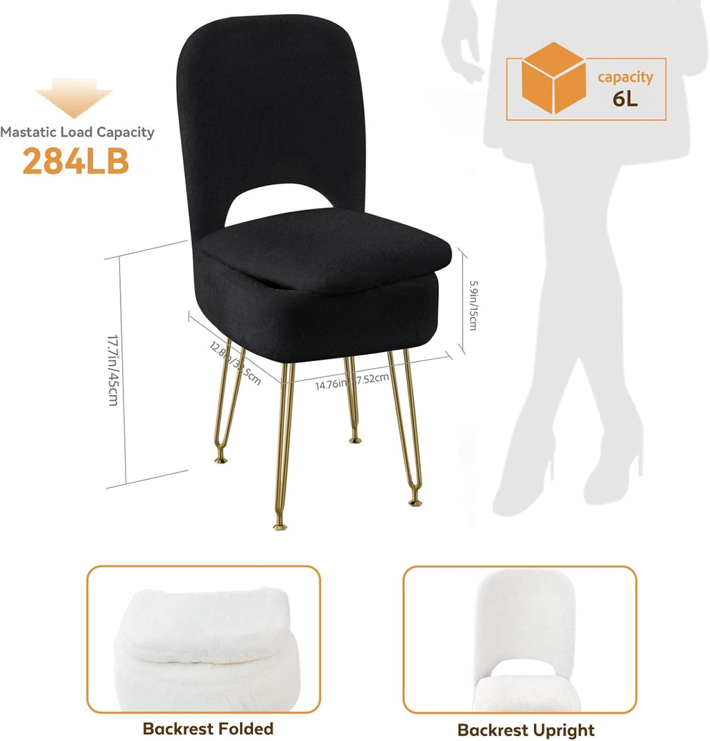 BRIAN & DANY Vanity Chair with Storage and Folding Back, Faux Fur Square Storage Chair, Vanity Stool Chair with 4 Metal Legs for Bedroom, Living Room and Makeup Stations, 13.4"x 15"x 30", Black