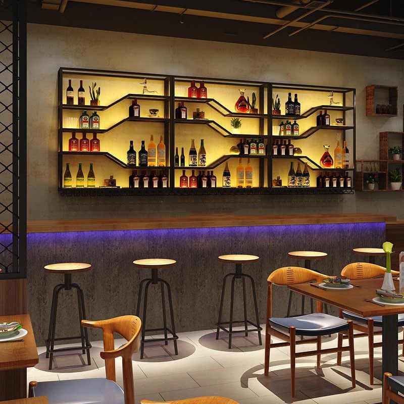 Large Wine Rack Wall Mounted with LED Light, 94in Floating Bar Shelves Glass Holder, Metal Black Liquor Bottles Storage Display Shelf for Home Bar, Dining Room, Kitchen (94.4in/240cm)