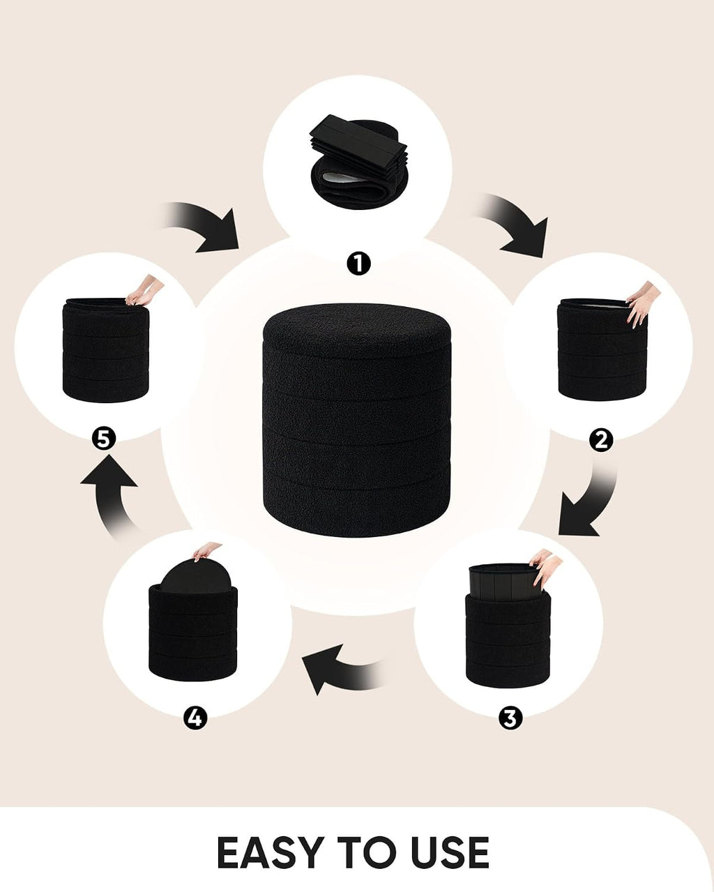 B FSOBEIIALEO Folding Storage Ottoman, Round Sherpa Ottomans, Black | 16.9" Foldable Ottoman With Tray, Boucle Foot Stool, Small Storage Coffee Table for Living Room, Bedroom, Hallway