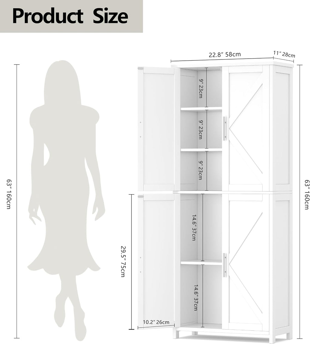 Akxomel 63''H Tall Farmhouse Bathroom Storage Cabinet with 4 Doors White | Floor Storage Cabinet with Barn Doors, Adjustable Shelf, Pantry Cabinet for Kitchen, Laundry Room, Living Room, Entryway