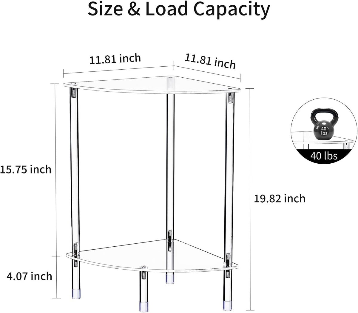Clear Triangle Acrylic Side Table for Small Space, 11.81" L x 11.81" W x 19.82" H, 2-Tier Corner Shelf Stand End Table for Living Room Bedroom, Corner Display Rack Storage Shelf for Bathroom