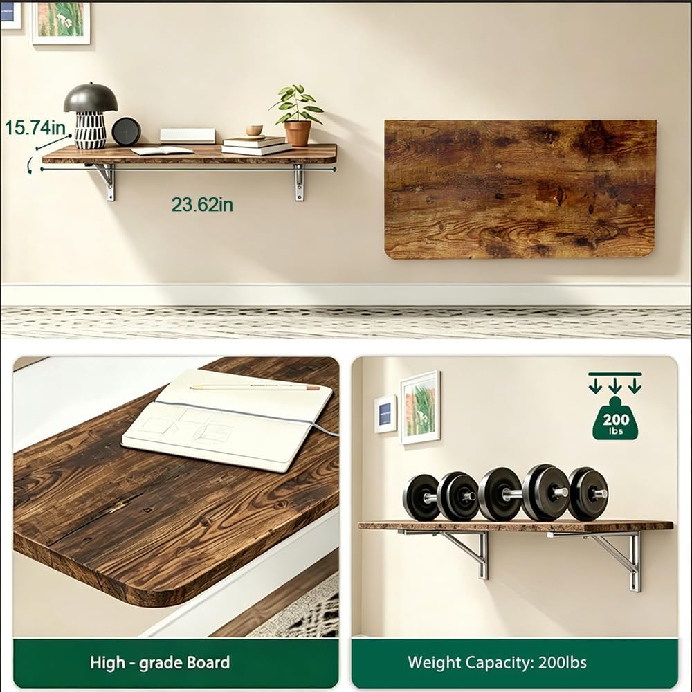 Rustic Wall Mounted Folding Table, Solid Wood Floating Desk with Stainless Steel Brackets, Space Saving Shelf for Home Office, Kitchen, Dining, Laundry Room (60X40cm / 23.63"X15.75")